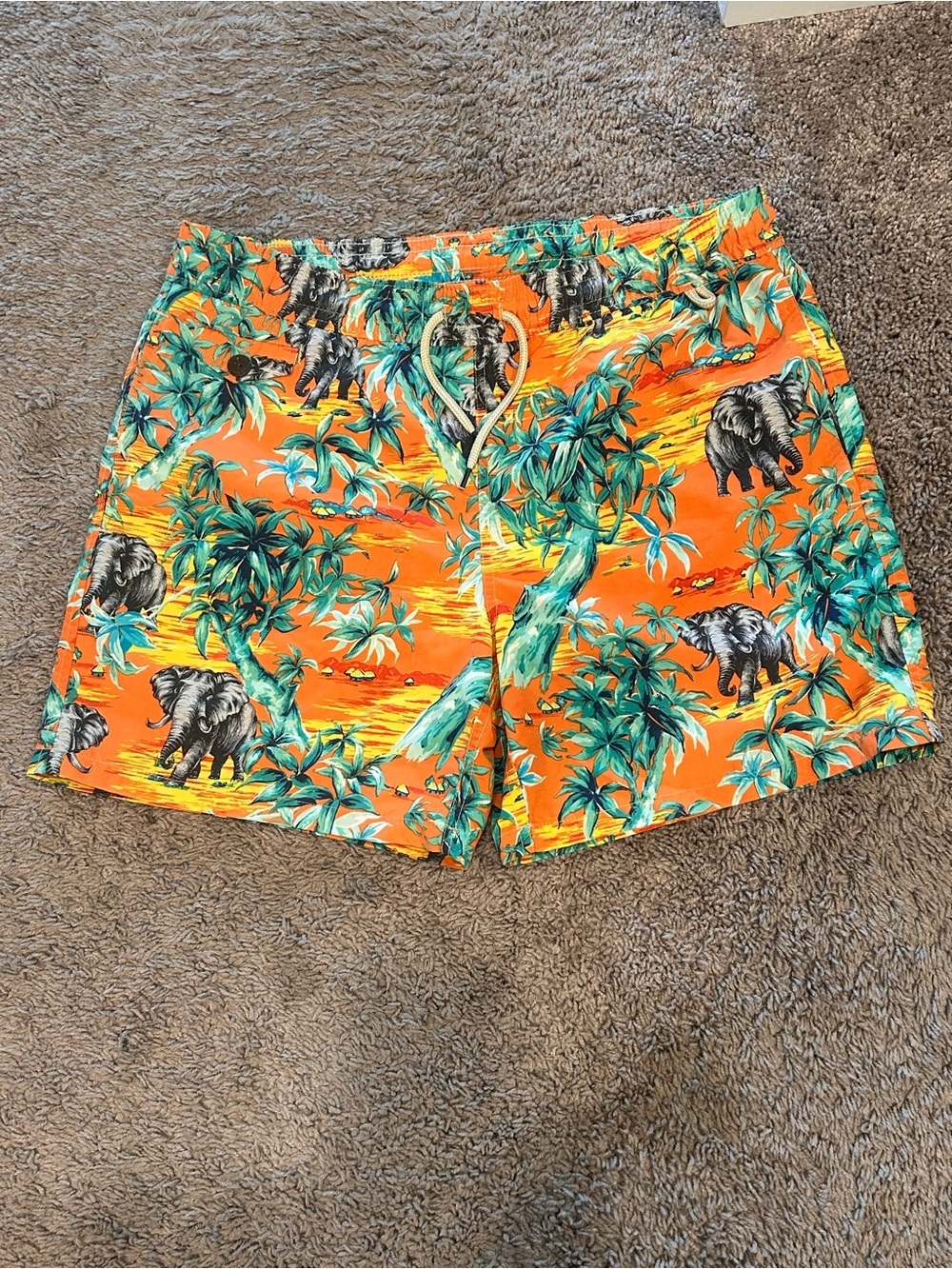 Polo Ralph Lauren Men's Orange Tropical Elephant Swim Trunks. Medium